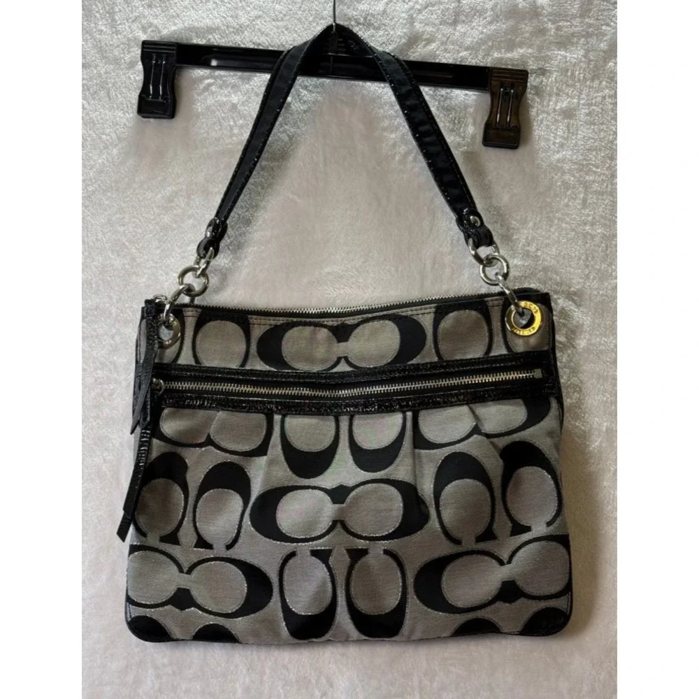 Coach Poppy Signature Sateen Metallic Shoulder Bag Black Silver Zip Tote Purse
